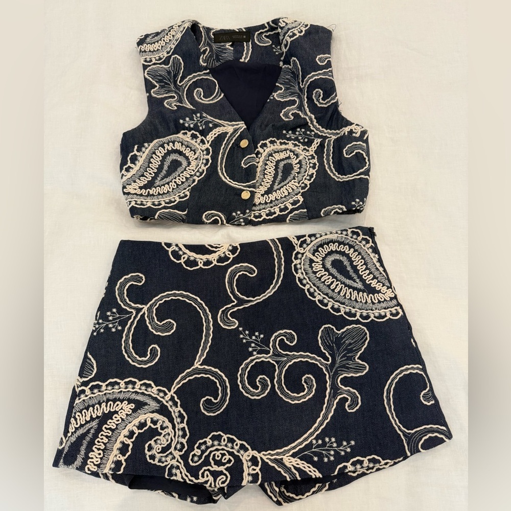 ZARA Navy and White Paisley Two-Piece Set Skort